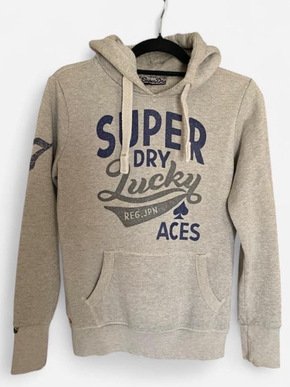 Superdry Aces Vintage Hoode Sweatshirt - Light Grey with Navy Print